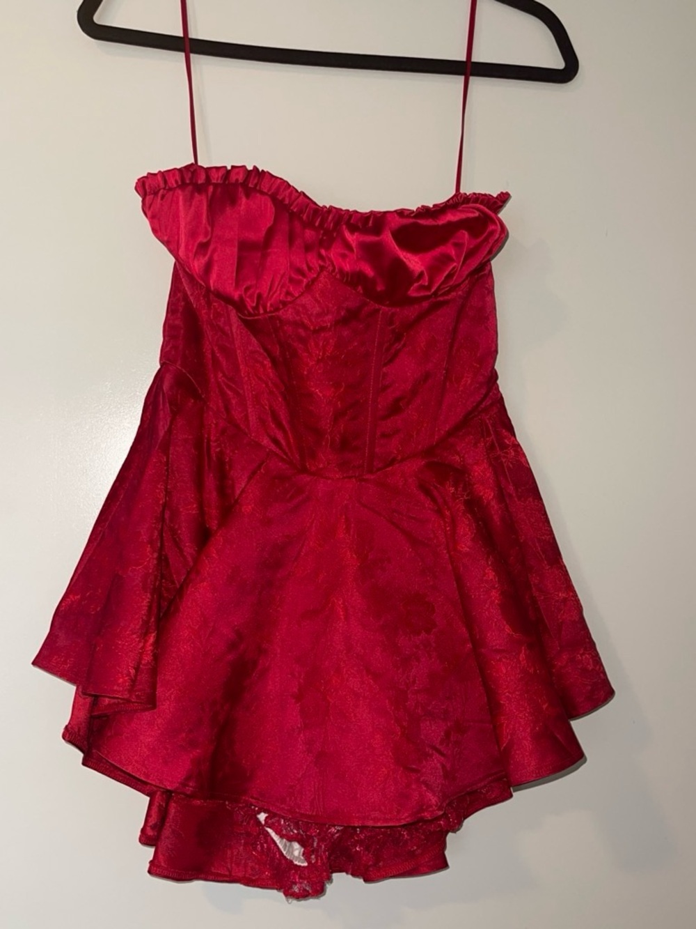 Red Satin Fit-and-Flare Mini Dress with Ruffle Neckline